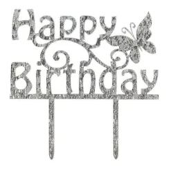 Culpitt Taarttopper Acryl Happy Birthday Zilver 150x85mm